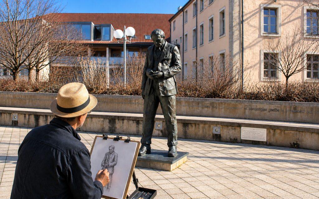 Artiste dessinant une statue en hiver